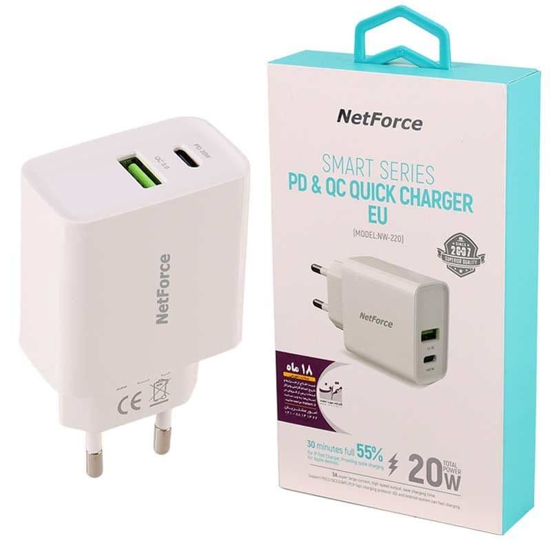  آداپتور فست شارژ Netforce NW-220 2Port 3A QC PD 20W 
