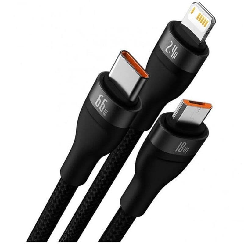 کابل سوپر فست شارژ سه‌سر بیسوس BasFlaeus sh Series Ⅱ USB to Micro + Lightning + Type-C 100W طول 1.2 متر