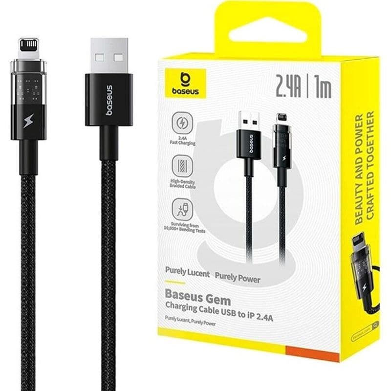 کابل فست شارژ USB به لایتنینگ بیسوس 20 وات 2.4 آمپر طول 1 متر طرح شفاف